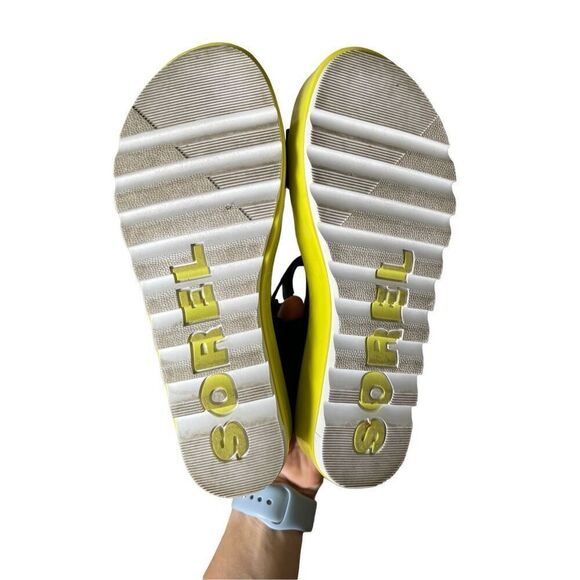 Sorel Womens Size 7 Cameron Leather Black Neon Yellow Flatform Sandals - Picture 6 of 9